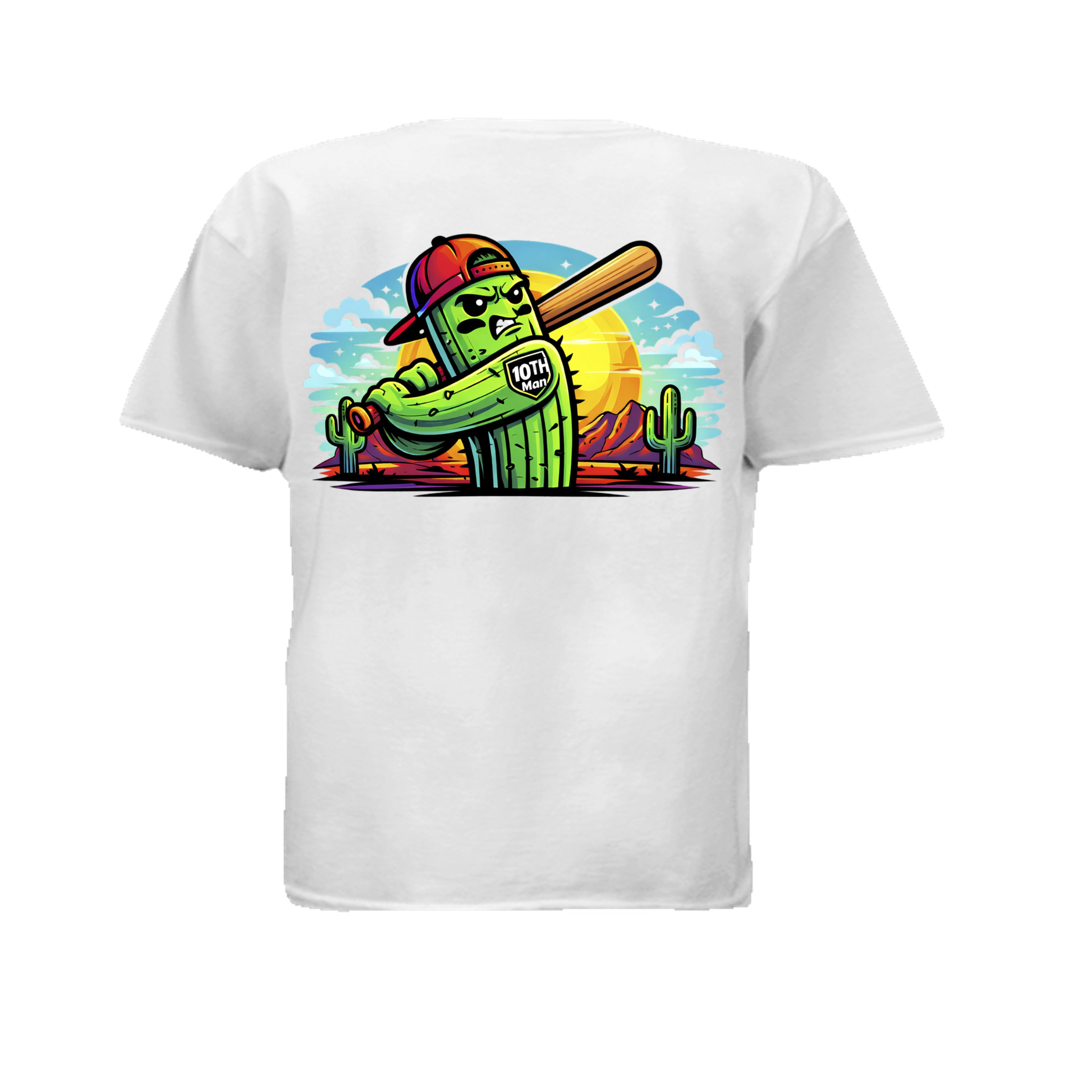 Desert Slugger Youth Baseball Tee with cactus batter graphic and desert sunset on lightweight youth CVC crew shirt