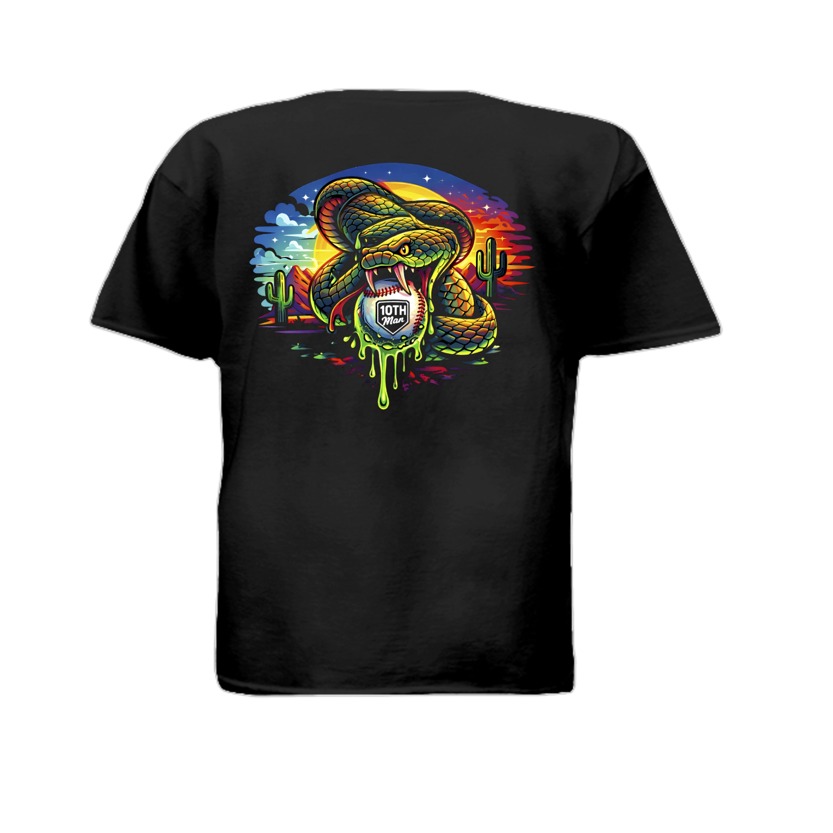 Youth Venom Strike Baseball Tee with coiled snake, venom graphic, baseball logo, and desert sunset background