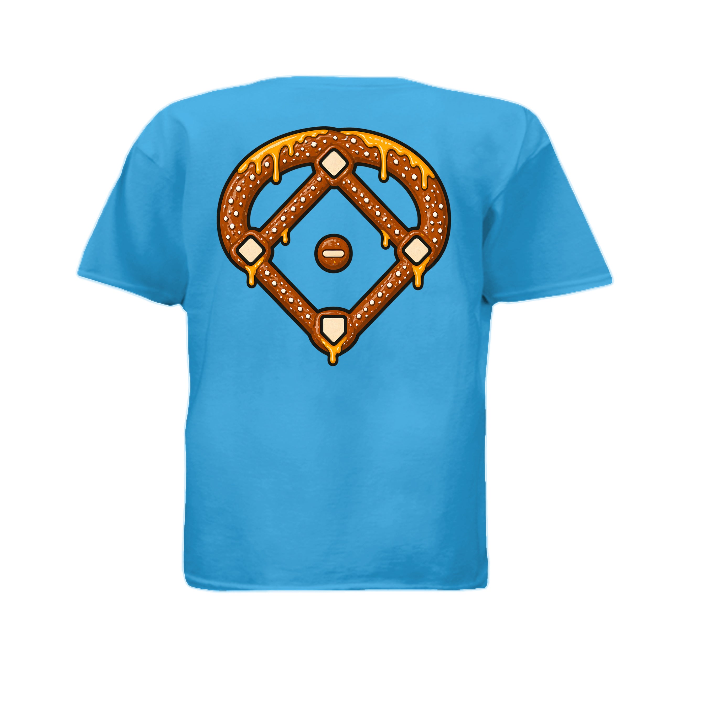 Youth Pretzel Diamond Tee with baseball diamond pretzel graphic and cheese drips on a soft heathered youth crew shirt