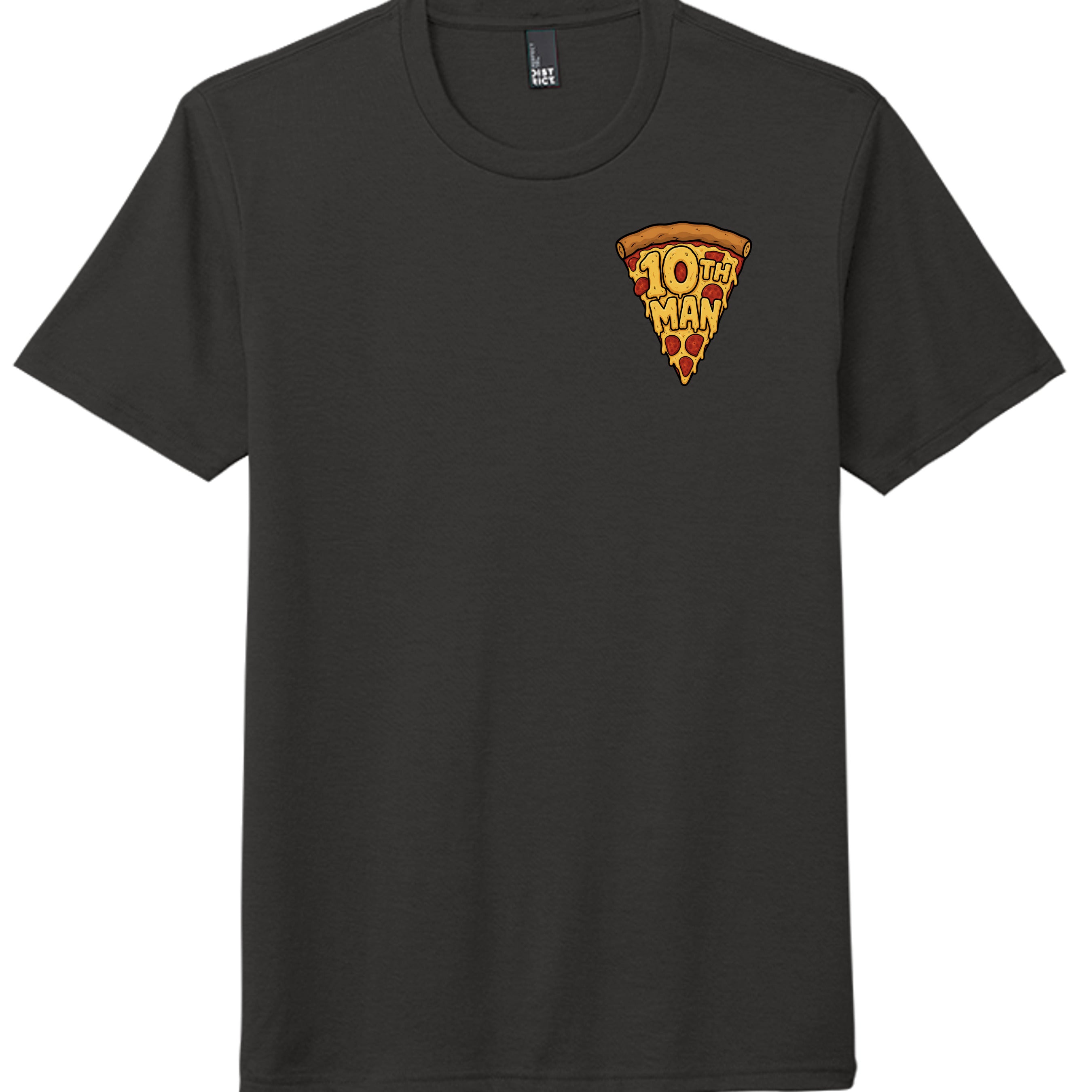Pizza Pitcher Tee with flaming pizza slice baseball graphic and Slice Throwing Heat slogan on tri-blend shirt